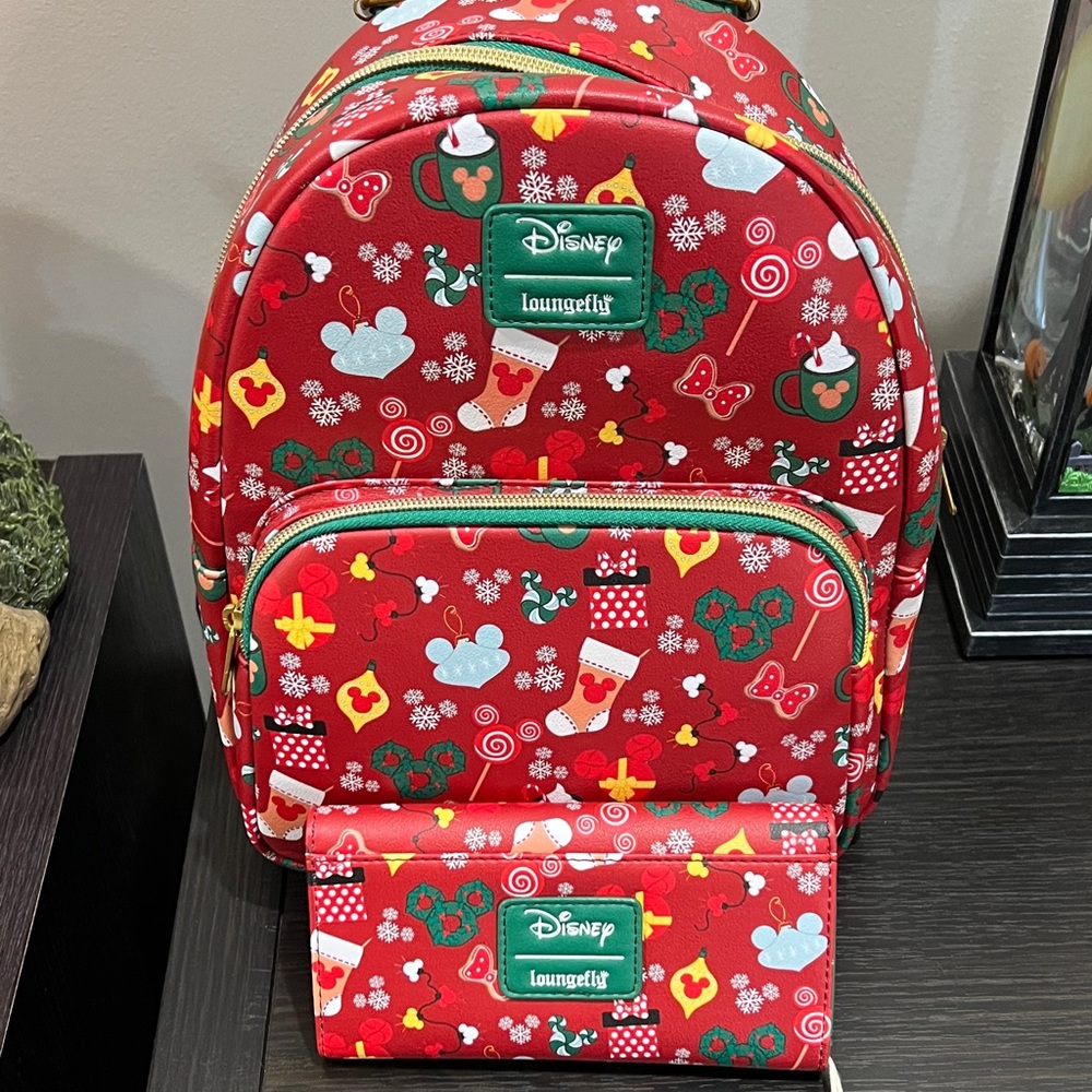Disney Loungefly Red Holiday Backpack and Wallet